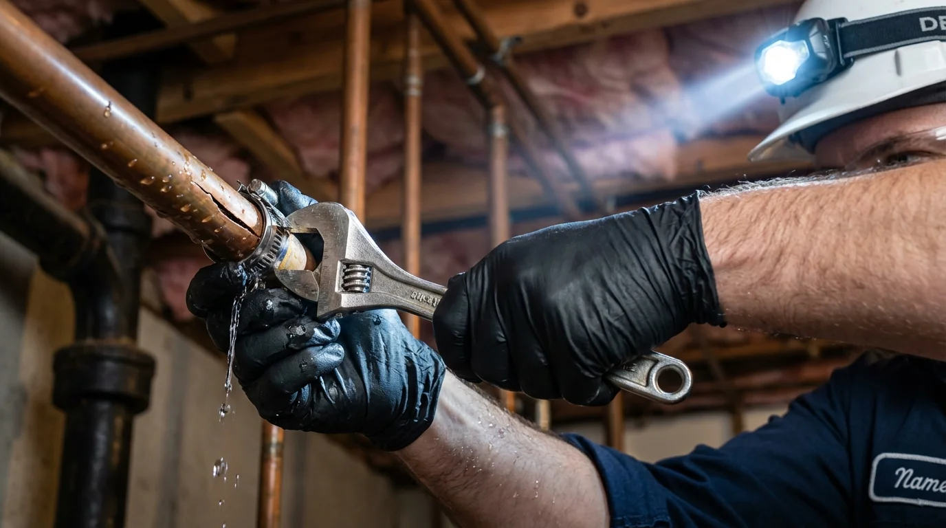 Emergency pipe clamp repair being performed by a Johns Plumbing LLC plumber in Atlanta