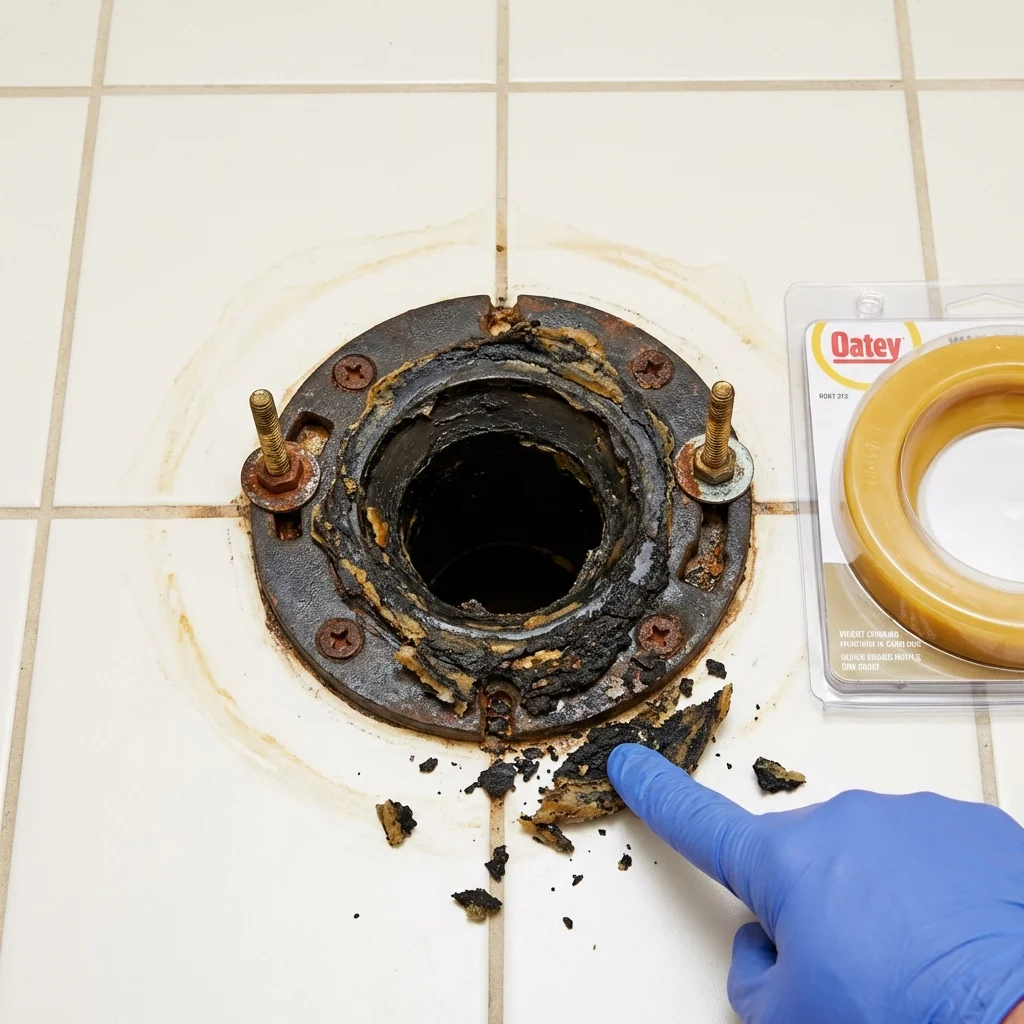Failed wax ring showing water seepage at the base of a toilet in a Atlanta, MI home
