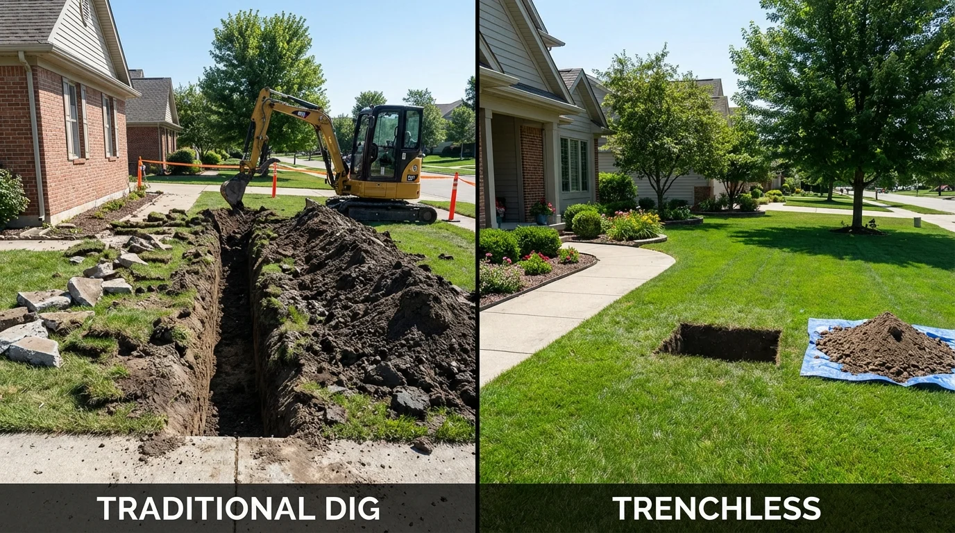 Trenchless sewer repair with minimal yard damage versus traditional excavation in Atlanta, MI