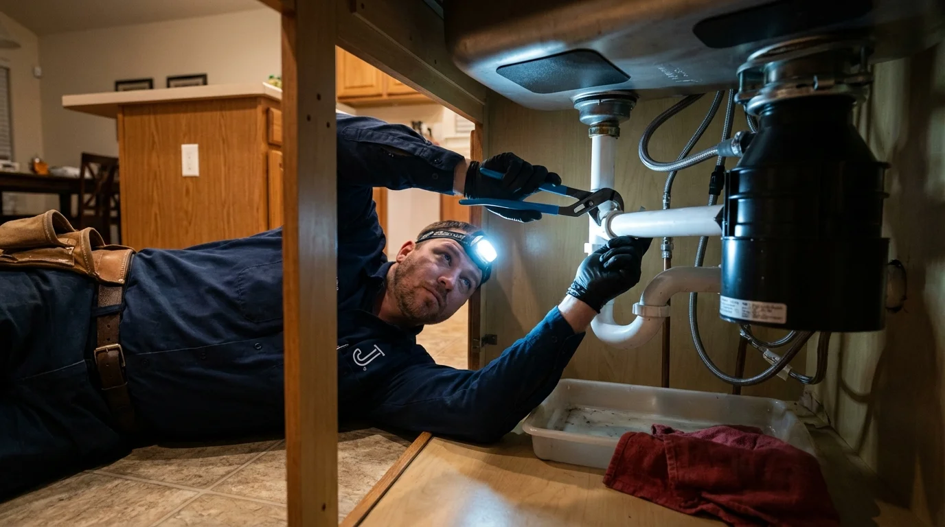 P-trap and supply line connections under a kitchen sink showing a common leak point in Atlanta, MI